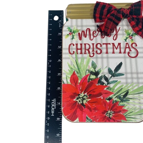 Merry Christmas Mason Jar Wood Sign Rustic Farmhouse Plaid Bow Holiday Decor - Picture 10 of 10